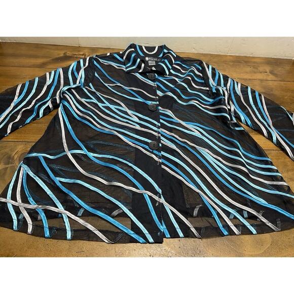 Damee Inc Womens Jacket Sz XL Mesh Sheer Button Up Art To Wear Black Blue - Picture 4 of 9